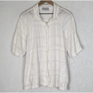 VTG EZZEWEAR Tunic Top Women's Sz M White Cotton‎ Raw Edge Button Blouse Raglan